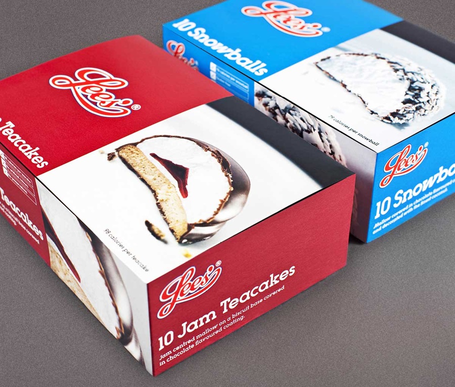Close up of a box of Jam Teacakes and Snowballs