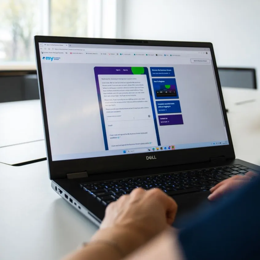 Woman at laptop showing log in page to My Business Stream