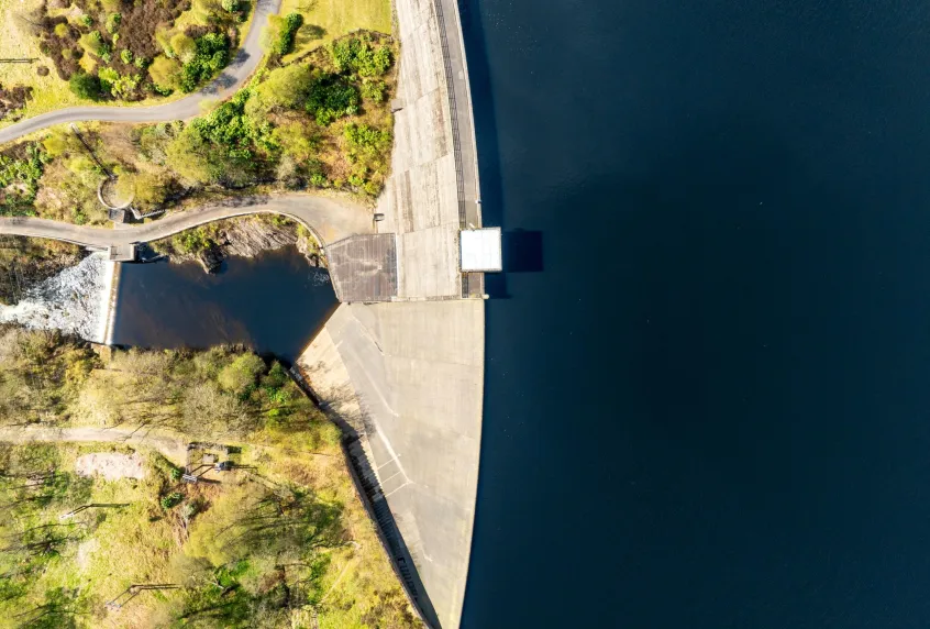 Drone view of dam at Glen Finglas reservoir