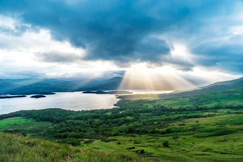 Loch Lomond from high up looking northwest with sunburst right of frame
