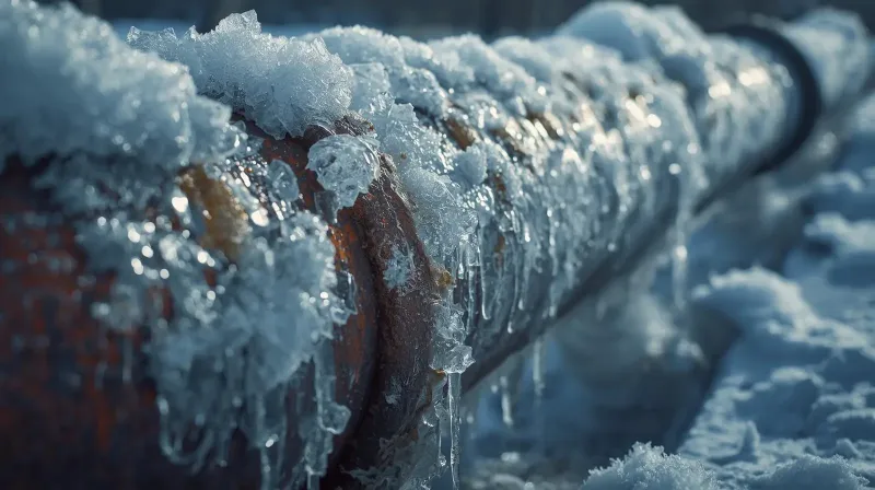 Frozen water pipe encrusted with ice and snow