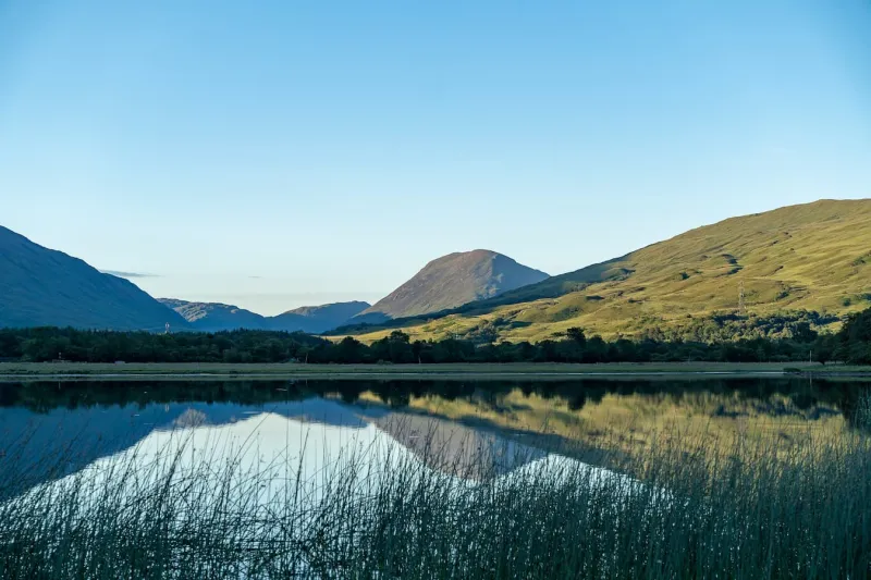 Loch Awe from low down with mountain in the background and clear blue sky above