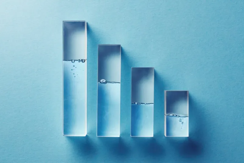 Stylised decreasing bar graph using transparent bars partially filled with water