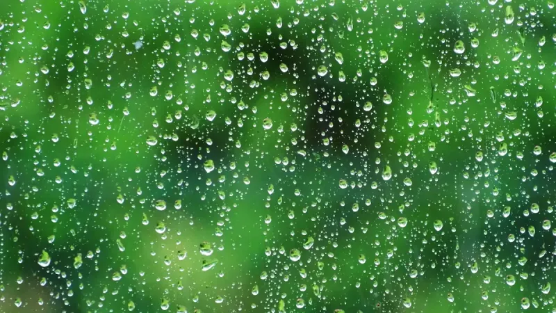 Water drops on glass with green background