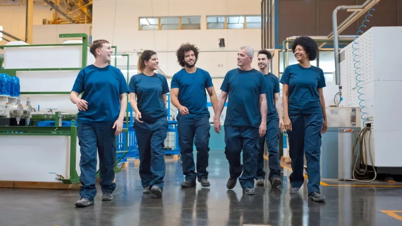 Team of workers walking towards the camera in a factory setting